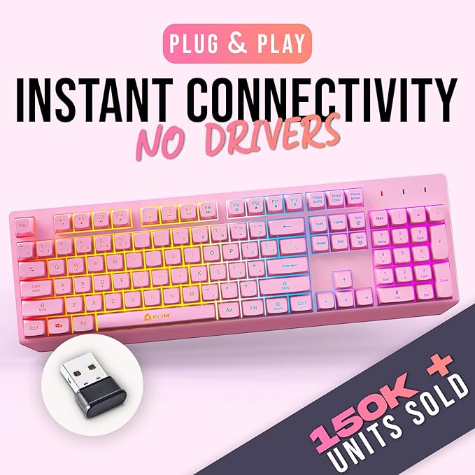 KLIM Chroma Pink Wireless Keyboard – RGB Backlit, Rechargeable Battery, Wireless Keyboard with Water-Resistant Durable Design, Compatible with PC, Mac, PS4, PS5