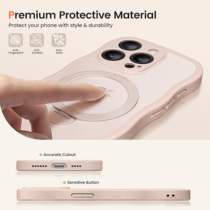 CAPRARO for iPhone 13 Pro Case with 360° Spin Magnetic Stand for Women, [Compatible with MagSafe] [Full Camera Protection] Cute Wave Translucent Matte Case for iPhone 13 Pro, Rose Gold