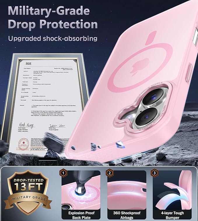 Newfuture Magnetic for iPhone 17 Case [Compatible with Magsafe] [Military Grade Drop Protection] Translucent Matte Anti-Scratch Shockproof Protective Phone Cover 6.3 Inch, Chalk Pink