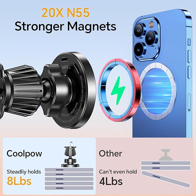 Coolpow for MagSafe Car Mount Charger【Ultra Magnet】Magnetic Phone Holders for Your Car Charger Magnetic Wireless Car Phone Holder Charger Car Accessories Mothers Gifts for iPhone 17 16 15 Speakerphone