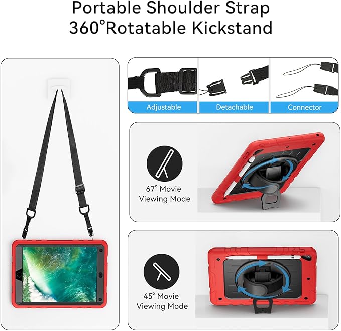 Case for iPad 6th/5th Generation 9.7'' with Screen Protector Pencil Holder [360 Rotating Hand Strap] &Stand, Drop-Proof Case for iPad 6th/5th/ Air 2/ Pro 9.7 (Red&Black)