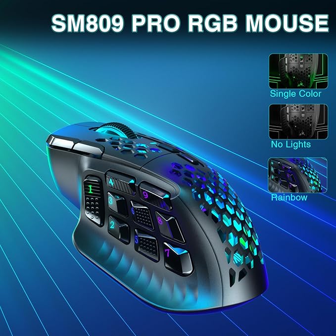 SOLAKAKA SM809 Pro MMO Gaming Mouse with 9 Side Buttons,24000 DPI RGB Mouse for Gamer,16 Programmable Macros MMO Mouse,Black