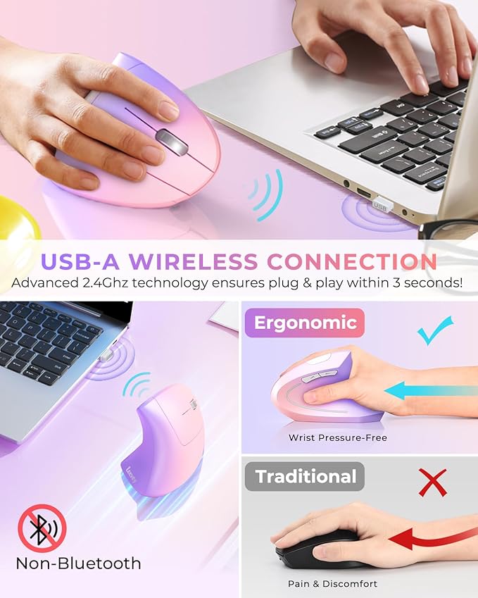 Lekvey Ergonomic Mouse, Vertical Wireless Mouse Rechargeable 2.4 GHz Optical Carpal Tunnel Mouse : 800/1200/1600 DPI, 6 Buttons, for Laptop, PC, Mac, Computer, Desktop, Notebook etc, Pink to Purple