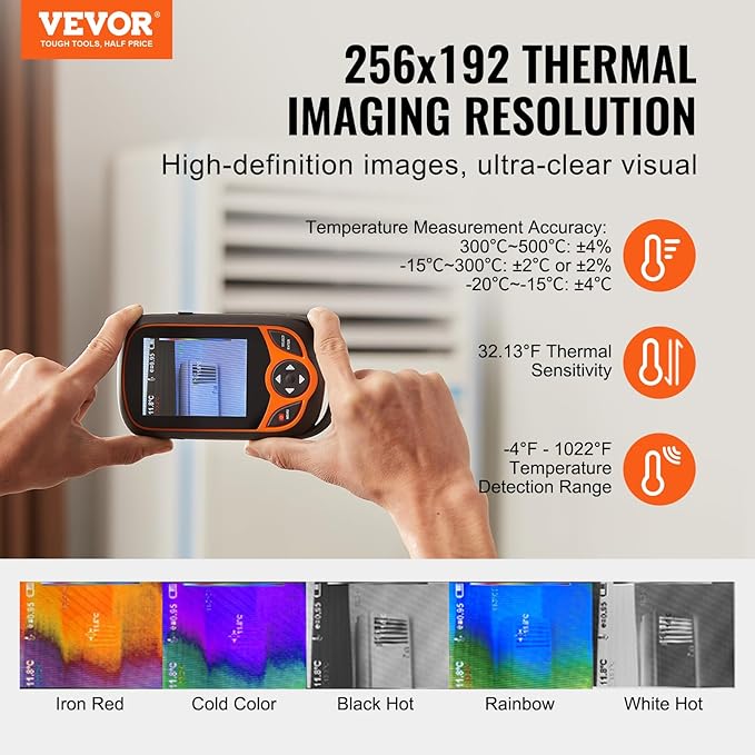 VEVOR Thermal Imaging Camera, 256 x 192 IR Resolution Pocket Infrared Thermal Imager with WiFi, 25Hz Refresh Rate Thermal Camera Pocket with 3.2" Touch Screen, 0.3MP Visual Camera, -4℉-1022℉, IP54
