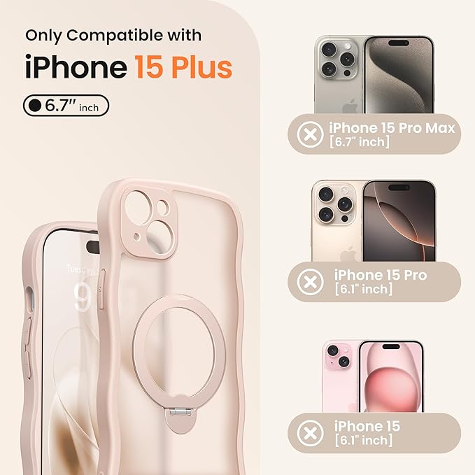 CAPRARO for iPhone 15 Plus Case with 360° Spin Magnetic Stand for Women, [Compatible with MagSafe] [Full Camera Protection] Cute Wave Translucent Matte Case for iPhone 15 Plus, Rose Gold