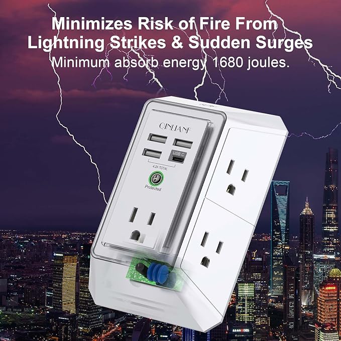 3-Sided Outlet Extender with Night Light - QINLIANF Multi Plug Outlet with 5 Outlets and 4 USB Ports(1 USB-C), USB Wall Charger for Home, Office, Travel, ETL Listed, White