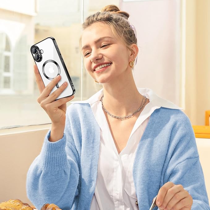 Hython Magnetic Clear for iPhone 16 Case with Camera Lens Protector [Compatible with MagSafe] Luxury Plating Edge Slim Soft TPU Cover Protective Phone Case for iPhone 16 6.1", Black