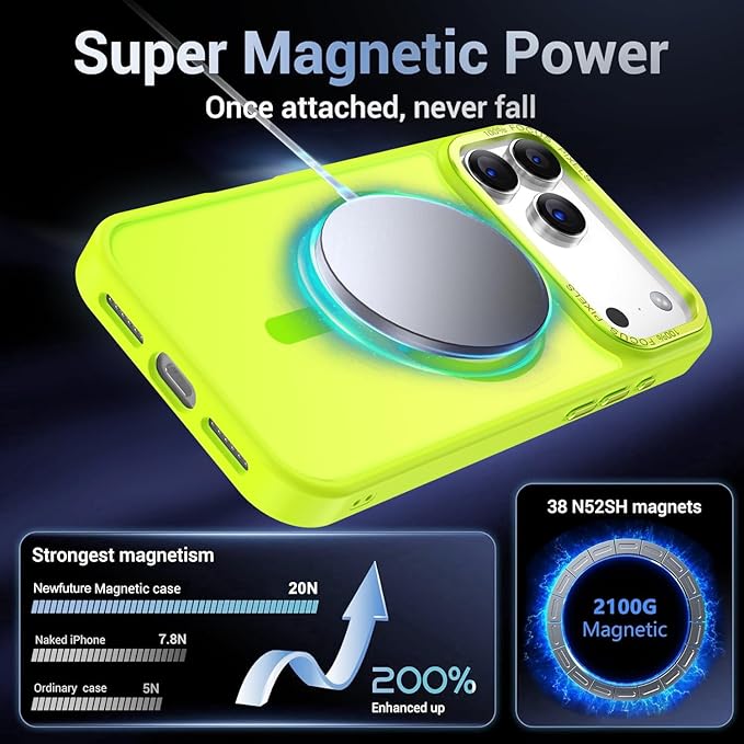 Newfuture Magnetic for iPhone 17 Pro Case [Compatible with Magsafe] [Military Grade Drop Protection] Translucent Matte Anti-Scratch Shockproof Protective Phone Cover 6.3 Inch, Fluorescent Green