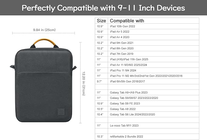 Dadanism 9-11 Inch Tablet Sleeve Bag Carrying Case with Shoulder Strap for iPad 10th Gen 10.9", iPad (A16) 11", i Pad 9/8/7th 10.2", i Pad Air/Pro 11", i-Pad Air 5/4,Galaxy Tab A9+ Plus 11",Space Gray
