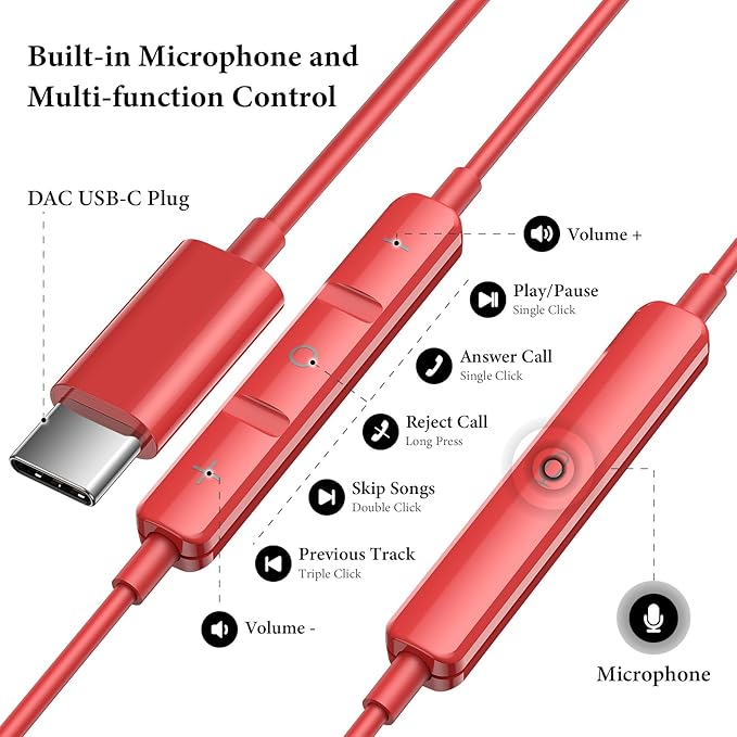 APETOO USB C Headphones for iPad Pro iPhone 17/Air/16e/15/16 Pro Max Plus, HiFi Stereo USB-C Wired Earbuds with Microphone Volume Control Type C Earphones for Samsung S25 S26 S24/S23/S22/S21/S20, Red