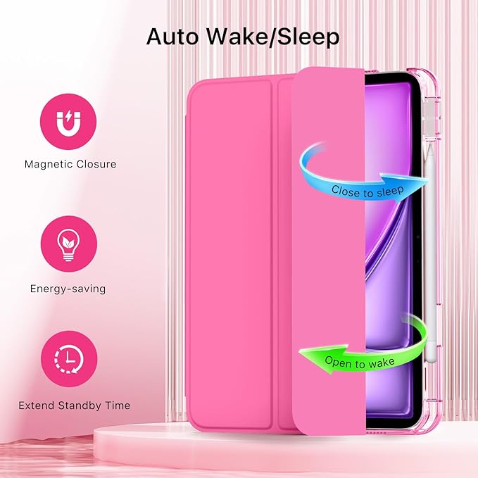 MoKo for iPad Air 11 inch Case (M4/M3/M2) 2026/2025/2024, iPad Air 5th/4th Gen 10.9 inch Case 2022/2020 with Pencil Holder, Slim Light Trifold Cover with Hard PC Translucent Back Shell, Persian Pink
