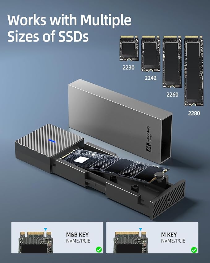 M.2 NVMe Enclosure M.2 SSD Enclosure with 10Gbps Transmission, USB 3.2 NVME SSD Enclosure Adapter for 2230 2242 2260 2280 M.2 PCIe NVMe M-Key & M+B Key SSD (Tool-Less, Type C to A)
