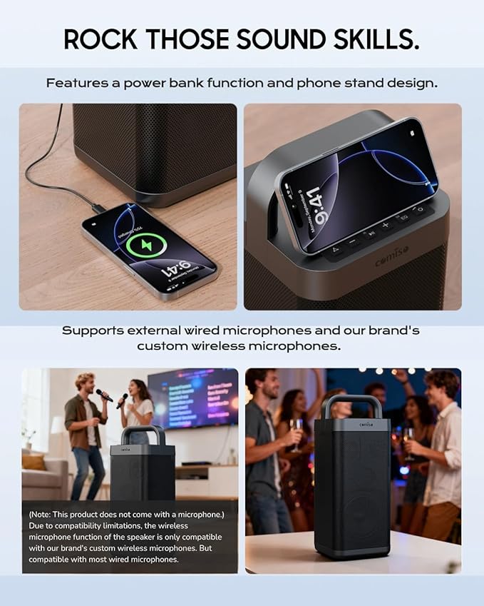 COMISO Portable Bluetooth Speaker with Deep Bass,150W Peak, IPX6 Waterproof Outdoor Speaker with 12H Playtime,Power Bank Function, Party Speaker with USB/AUX/Mic Inputs, Speakers for Home,Beach&Travel