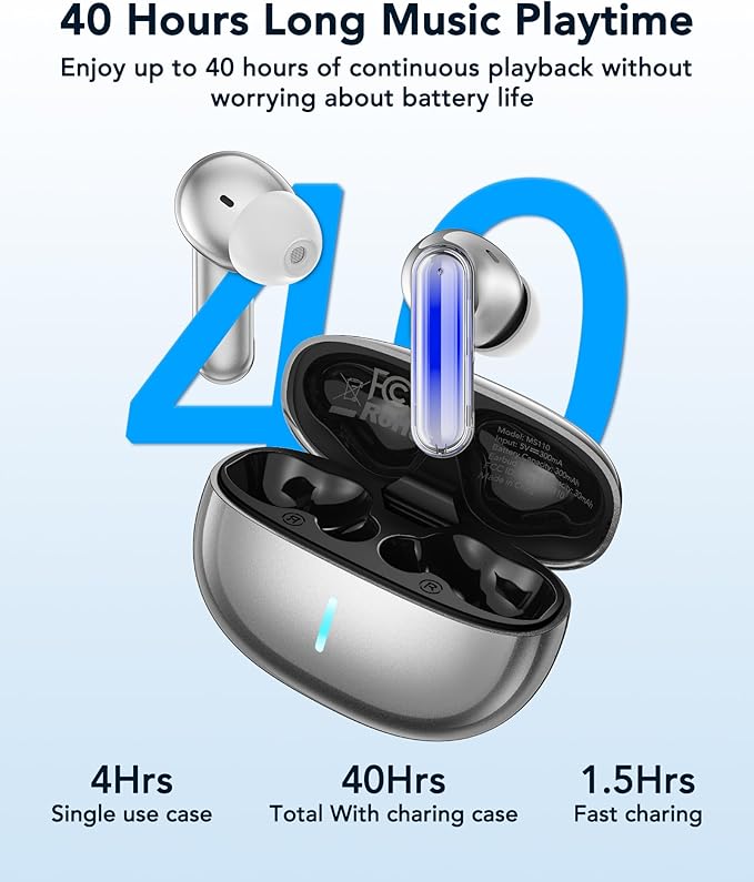MS110 Wireless Ear Buds,40h Playtime Earbuds with Ai Translation Earbuds Real Time, 6.0 Bluetooth Earbuds,IPX5 Waterproof & Active Noise Cancelling Earphones for Phones/Meeting/Travel/Learning /Sports