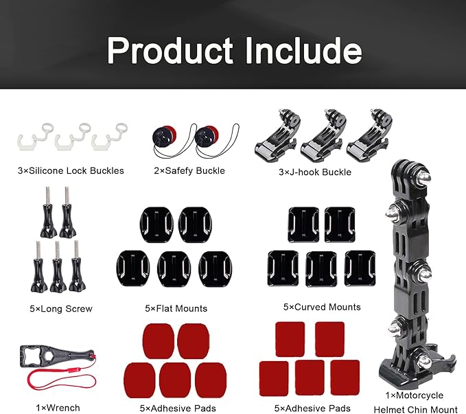 34in1 Motorcycle Helmet Chin+Top+Side Mount Kit for GoPro Hero 13 12 11 10 9 8 7 Black Silver White 6 Osmo and Other Action Camera with Adhesive Sticky Mount and Buckle, Extra Camera Tether
