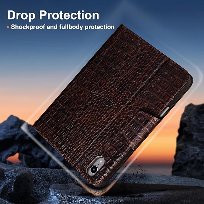 Gexmil Premium Leather Case for iPad mini 7 (A17 Pro) 2024 / iPad mini 6 Generation 2021 8.3 Inch,Pencil Holder, Magnetic Closure,Shockproof Cowhide Cover,Adjustable Stand,Brown Crocodile