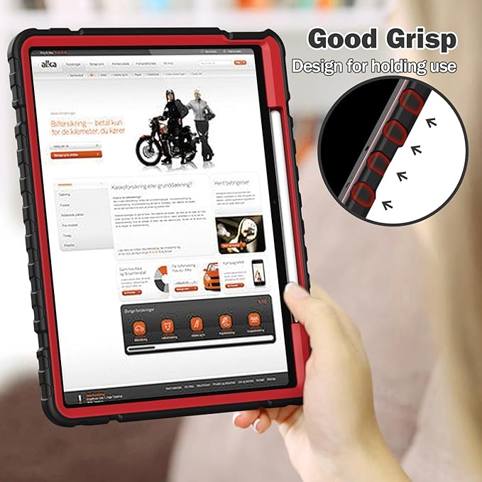 Grifobes Case for iPad Air 13-inch (M4/M3/M2) 2026/2025/2024, Heavy Duty Shockproof Rugged Protective Cover with Pencil Holder/Built-in Stand for i Pad Air 13" (Black+Red)