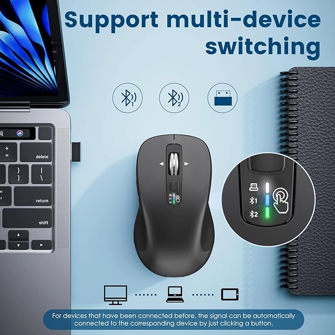 CITLLA Wireless Bluetooth Mouse (USB + BT1 + BT2), Full Size Mouse, 4-Way Scrolling, Multi-Device Silent for Computer, Laptop, iPad, MacBook (Grey)