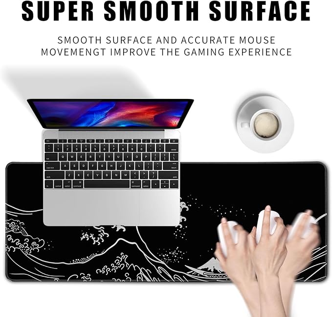Japanese Sea Wave Gaming Mouse Pad Kanagawa Black Desk Mat Kawaii Mousepad Mouse Pad, Extra Large Deskmat Cut Laptop Mouse Pads Decor