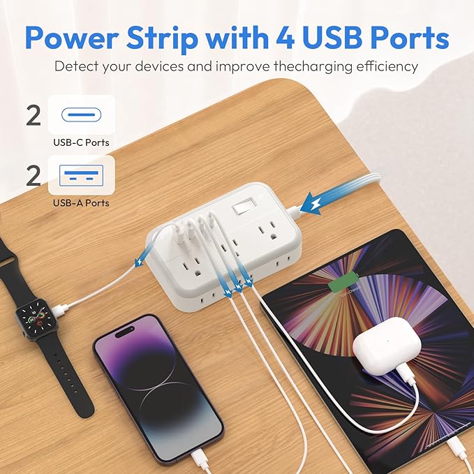 Power Strip 10 ft, Flat Plug Extension Cord with 6 Outlets 4 USB Ports, Outlet Extender Long Cord, Overload Protection, Extension Cord with Multiple Outlets for Indoor, Home, Office