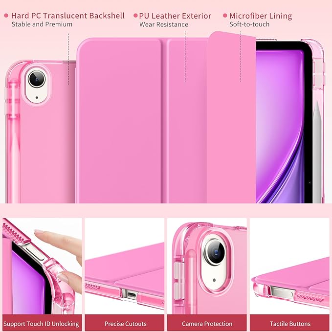 MoKo for iPad Air 11 inch Case (M4/M3/M2) 2026/2025/2024, iPad Air 5th/4th Gen 10.9 inch Case 2022/2020 with Pencil Holder, Slim Trifold Cover with Hard PC Translucent Back Shell, Peony