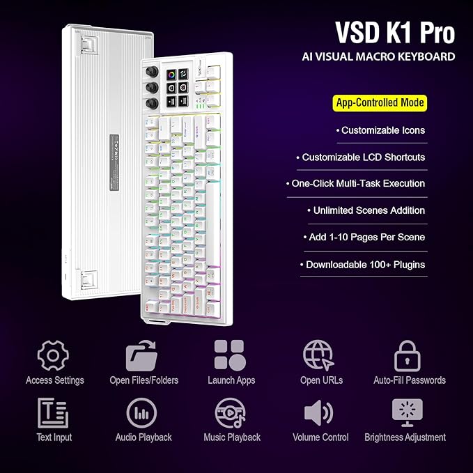 K1 Pro Macro Keyboard, Wired Only Full-Key Programmable On-Board Keypad, Custom Gaming Streaming Mechanical Keyboards with Screen & Knob, Gasket, RGB Backlit, Hot Swappable Shortcut Pad