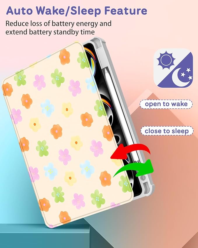 Uppuppy for iPad Pro M4/M5 Case 11 inch - 360 Degree Rotating Stand Folio Smart Cover with Pencil Holder for Women Girls, Colorful Flowers for iPad Pro 11 inch Case 2024 M4/2025 M5