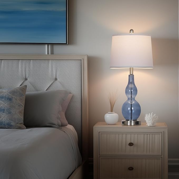 Rinweey 27.5" Coastal Blue Glass Double Gourd Table Lamp Set of 2,3-Way Dimmable Touch Control Bedside Lamps with USB Ports and AC Outlet, Nautical Nightstand Lamps for Bedroom Living Room