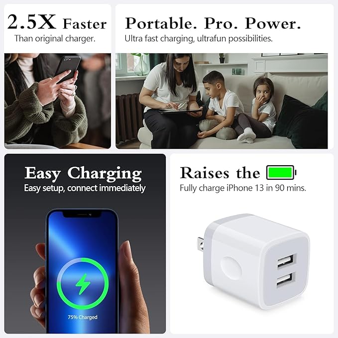 Wall Charger,USB Brick 3Pack 2.1A/5V Dual Port USB Plug Charger Cube Power Adapter Fast Charging Block for iPhone 17 16e 16 15 14 13 12 Pro Max 8 7 6 Plus 5S,iPad,Samsung Galaxy S8 S7 S6,Android Phone