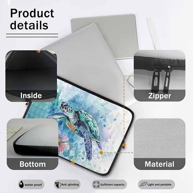 Flower Sea Turtle Laptop Protective Sleeve for Women Men Computer Sleeve 17 inch Tie Dye Laptop Case Bag Portable Computer Carrying Case Suitable GITS for Teens Tablet Bags Hippie