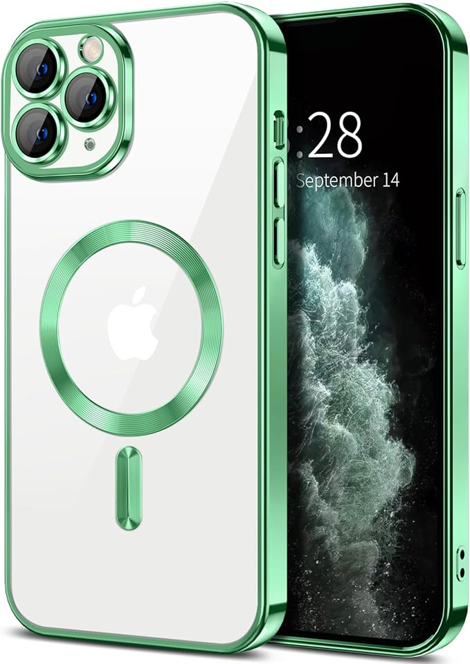 Hython Magnetic Clear for iPhone 11 Pro Case with Camera Lens Protector [Compatible with MagSafe] Luxury Plating Edge Slim Soft TPU Cover Protective Phone Case for iPhone 11 Pro 5.8", Light Green