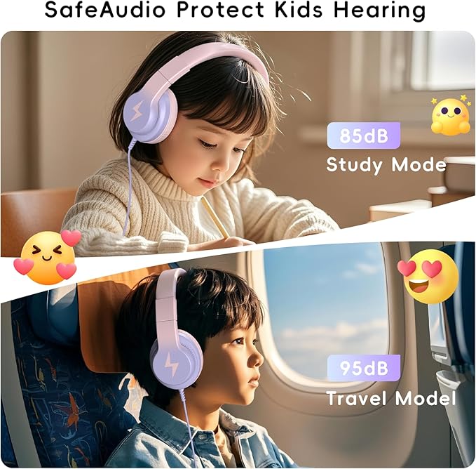 Candy Bila Kids Headphones, Wired Headphones for Kids Over Ear with Microphone, 85/94dB Volume Limiter Headphone for Girls Boys, Foldable Headphone for Learning & Entertainment, Gradient Pink