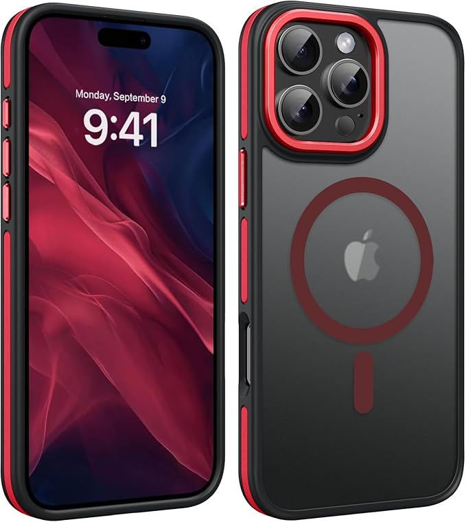 YINLAI Case for iPhone 16 Pro 6.3-Inch, iPhone 16 Pro Phone Case Magnetic [Compatible with Magsafe] Slim Translucent Matte Men Women Girls Shockproof Protective Back Cover, Black/Red