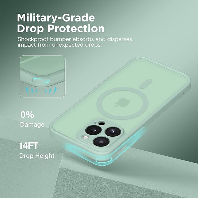 CAPRARO Magnetic for iPhone 14 Pro Case, [Compatible with MagSafe] [Full Camera Protection] Shockproof Protective Slim Translucent Matte Phone Case for iPhone 14 Pro 6.1'', Mint Green