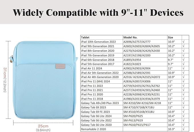 TiMOVO 9-11 Inch Tablet Sleeve Bag with Shoulder Strap for iPad 11-inch A16 2025, iPad 10th Gen. 10.9"/10.2", Galaxy Tab A9+/A11Plus 11", Light Blue