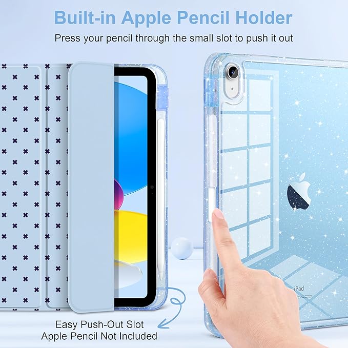 DONGKE for iPad Pro 11 inch Case – Fits M5 2025 / M4 2024, Shockproof Sparkling Glitter Acrylic Back, Pencil Holder, Trifold Stand, Auto Sleep/Wake & Touch ID Support - Blue Cross Dot