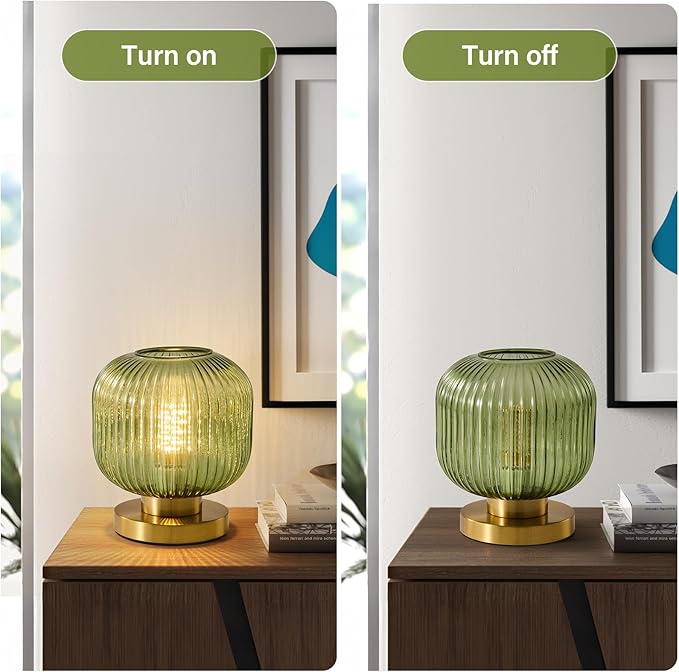 Mid Century Green Table Lamp: Vintage Ribbed Globe Pumpkin Glass Dimmable Plug in Small Bedside Lamps - Cute Brass Gold Modern Side Table Lamp Nightstand Light for Bedroom Entryway Desk Living Room