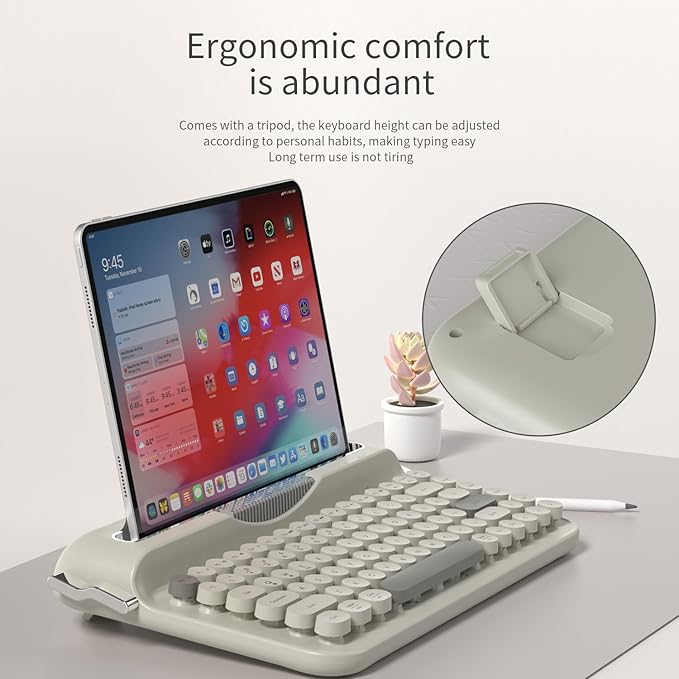 Ajazz AF84 Wireless Membrane Silent Typewriter Keyboard, Bluetooth/2.4G Dual-Mode Connection, Cute Retro Aesthetic Design with Integrated Stand for Tablet, Phone, PC and Win/Mac/Android Gray