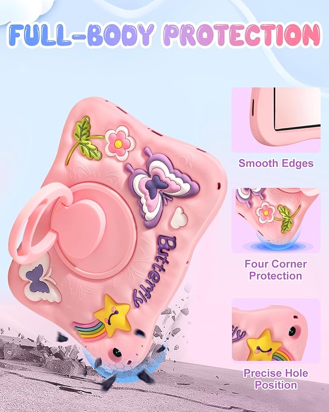 Kidcube for Samsung Galaxy Tab A9 Plus Case 11 Inch - for Girls Cute Girly Kawaii 3D Butterfly Design Cover with Rotating Stand & Strap Unique Silicone Teens Women for Samsung A9 Plus Tablet Cases