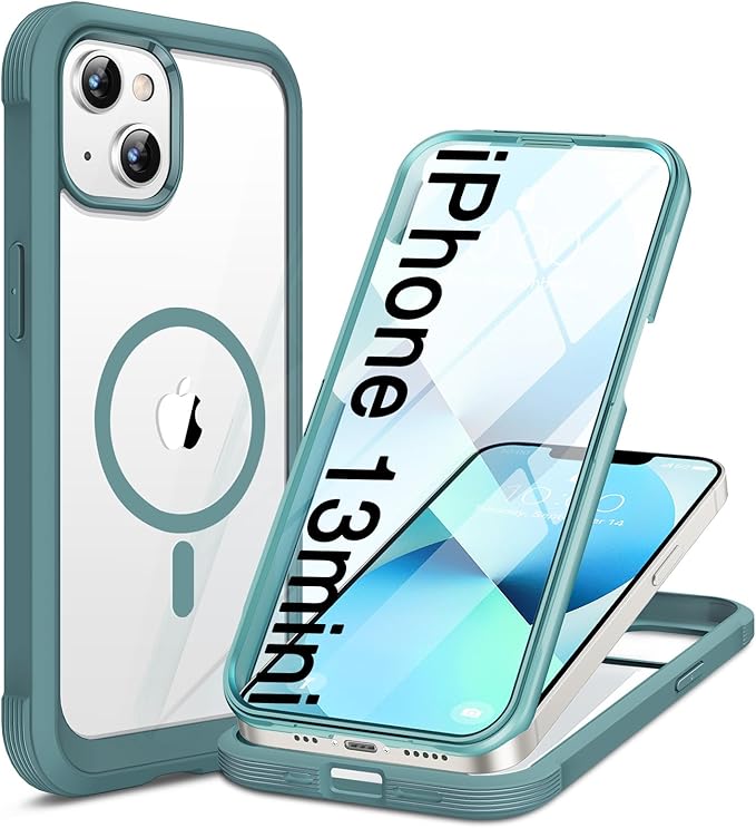 Miracase for iPhone 13 mini Case 5.4",Full-Body Protection,Clear Bumper Case with Built-in 9H Tempered Glass Screen Protector,Military-Grade Drop Protection Outdoor Phone Case for iPhone 13 mini,Teal