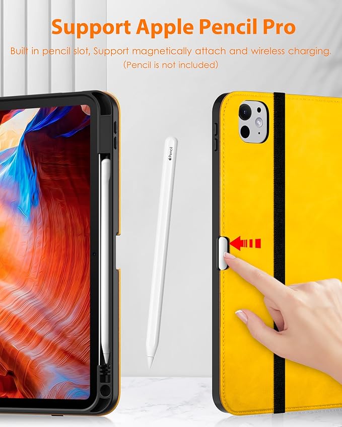 DTTO for iPad Pro 11 inch Case (M5/M4) 2025/2024, Premium Leather Business Folio Stand Cover with Pencil Holder - Auto Wake/Sleep and Multiple Viewing Angles, Yellow