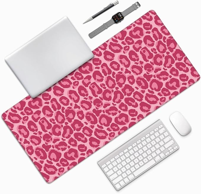 Pink Leopard Print Mouse Pads XXL Extended Mousepad with Stitched Edges Non-Slip Rubber Base Computer Keyboard Pad Desk Mat for Home Office Desk Decor, 35.4" X 15.7"
