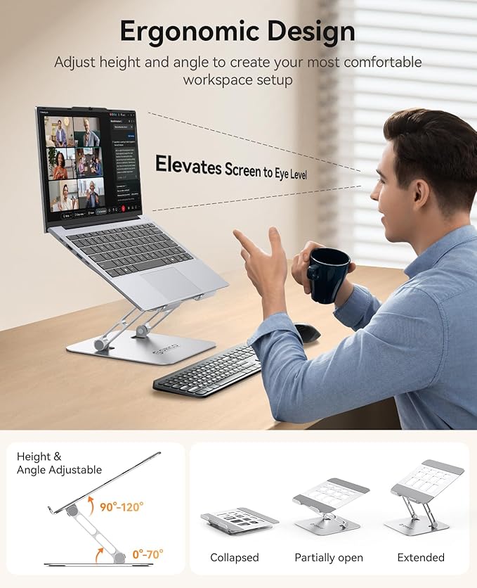 ORICO Ergonomic Laptop Stand for Desk, Height Adjustable Aluminum Alloy Laptop Stand Riser, Foldable Computer Holder Compatible with MacBook, Dell XPS, HP up to 17” - ST11, Silver