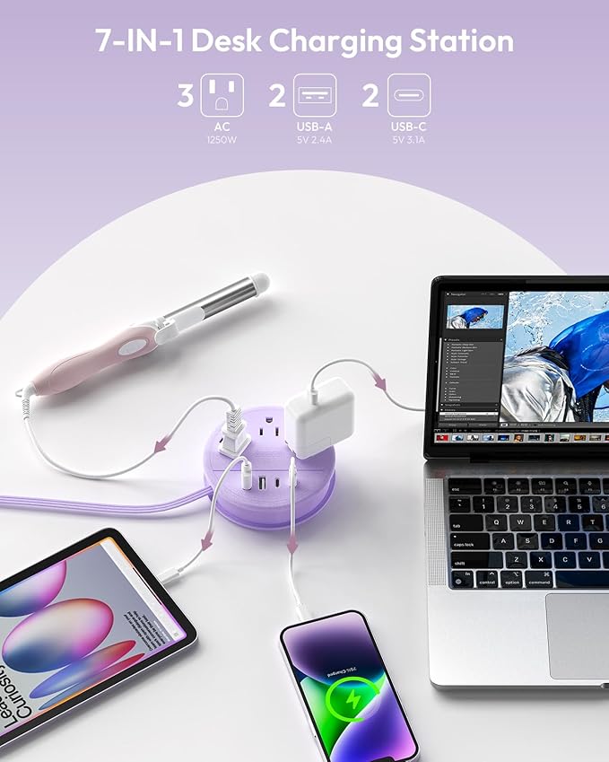 NTONPOWER Purple Travel Power Strip with 3 AC Outlet 4 USB(2 USB C), Dorm Room Essentials 4FT Flat Extension Cord, Purple Desk Accessories Compact fo for Hotel Travel Cruise Essentials