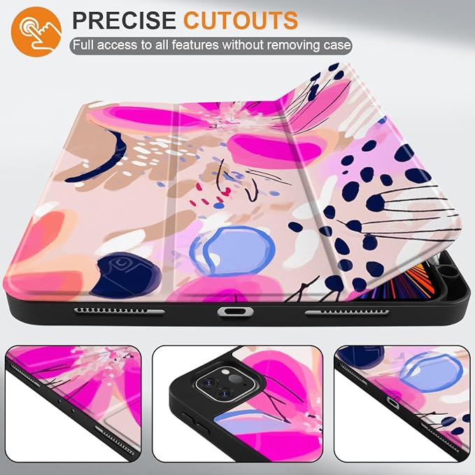 DONGKE Case for iPad Pro 12.9 inch 6th Generation 2022, Built-in Pencil Holder + Trifold Stand + Auto Wake/Sleep + Protective Cover for iPad Pro 12.9 5th/4th/3rd Gen - Floral Artistic