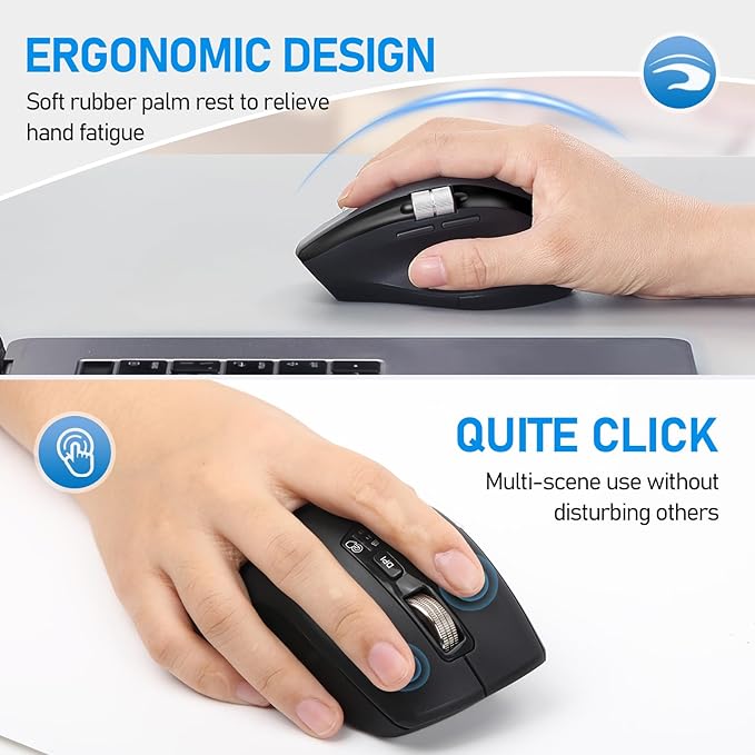 INFINMIND Wireless Bluetooth Side Scroll Mouse with Multi-Device, Ergonomic Computer Mice with Smart Flying Scroll, Quiet Click 4-Level DPI for Computer, Laptop, iPad, Tablet, MacBook (Black)
