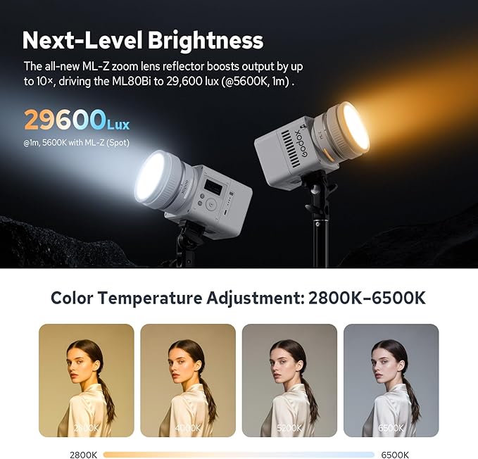 Godox ML80Bi COB Video Light w/95Wh Detachable Battery, Brighter Bi-Color Led Video Light 29600lux@5600K 1m, CRI 96, 2800K-6500K,11FX, Dimming 0%~100%, Portable Continuous Output Lighting Photography