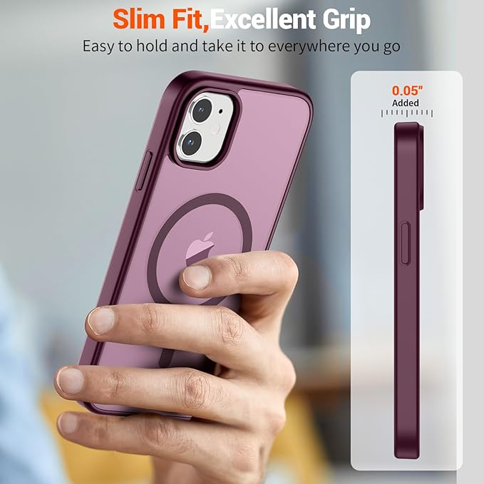 SUPFINE Magnetic for iPhone 12 Mini Case & iPhone 13 Mini Case (Compatible with MagSafe) (Military Grade Drop Protection) Translucent Matte Shockproof Phone Cover,Wine Red