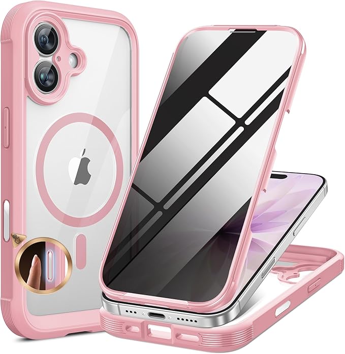 Miracase Magnetic for iPhone 17 Case with Privacy Screen Protector [Compatible with MagSafe],Full Camera Protection and Full Body Shockproof Bumper 17 Phone Cover 6.3", Light Pink