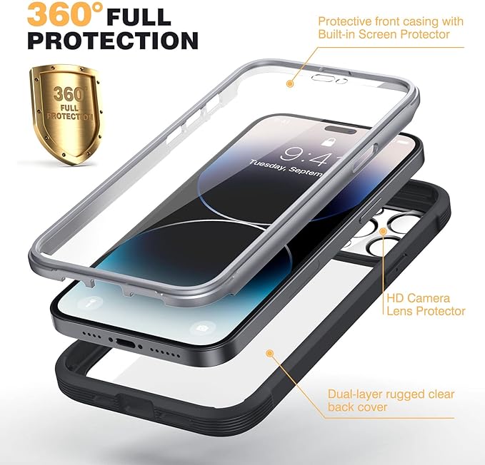 Diaclara Designed for iPhone 14 Pro Max Case 6.7, [2023 Upgraded] Full Body Rugged Case with Built-in Touch Sensitive Anti-Scratch Screen Protector +9H Tempered Glass Camera Lens Protector(Black)